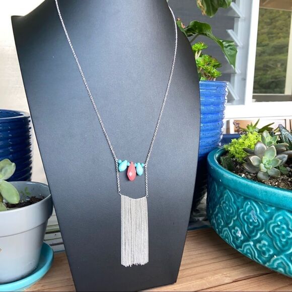 Chico’s Silver Coral & Turquoise Beading StatementNecklace - Picture 3 of 6